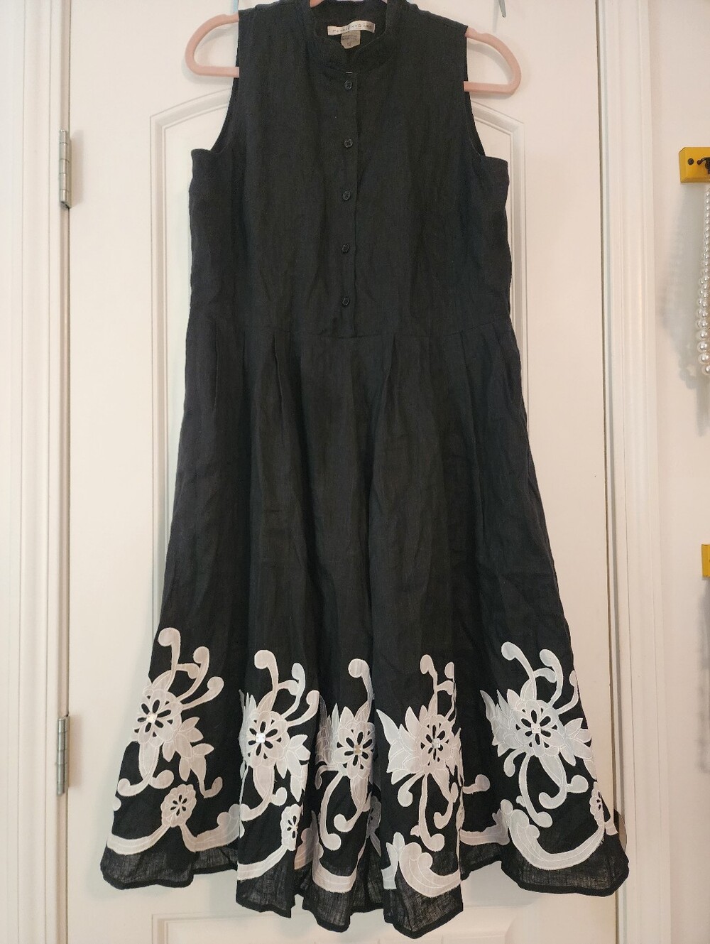 Peter Nygard Black White Floral Border 100% Linen Sleeveless Midi Dress Sz 12